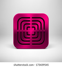 Magenta abstract technology app icon, button template with circle perforated speaker grill pattern, metal texture (chrome, steel) and realistic shadow for interfaces (UI) and applications (apps).