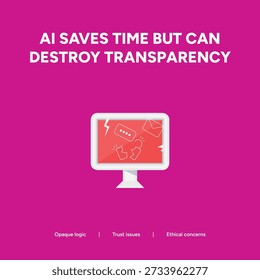 A magenta background featuring a shattered computer monitor to symbolize how AI can destroy transparency and create opaque logic issues.