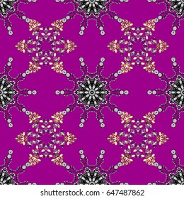 Magenta background with golden elements. Metal with floral pattern. Vector golden floral ornament brocade textile pattern, white doodles. Seamless golden pattern.