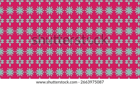 Magenta background with repeating mint‑green eight‑point star rosettes and diamond connectors, arranged in neat horizontal rows to form a bold, seamless geometric floral tile.