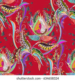 Magenta background. Vector Mandala. Tiled mandala design, best for print fabric or papper and more. Boho style flower seamless pattern.