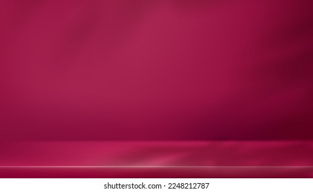 Fondo magenta, habitación estudio 3D vacía con sombra de hojas, sala de pared magenta con espacio para copiar, fondo de diseño mínimo Plum Pink Presentación para productos de belleza, cosmético, día de San Valentín, tendencia de color 2023