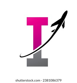 Magenta and Black Antique Letter I Icon with an Airplane on a White Background