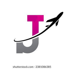 Magenta and Black Antique Letter J Icon with an Airplane on a White Background