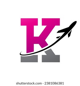 Magenta and Black Antique Letter K Icon with an Airplane on a White Background