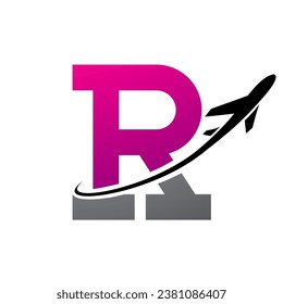 Magenta and Black Antique Letter R Icon with an Airplane on a White Background