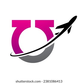 Magenta and Black Antique Letter U Icon with an Airplane on a White Background