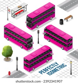 Magenta and Black Double Decker Isometric Bus from the Front Back Right and Left isolated on White