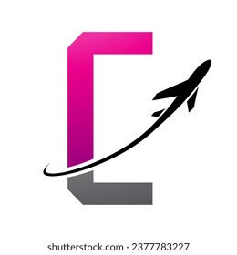 Magenta and Black Futuristic Letter C Icon with an Airplane on a White Background