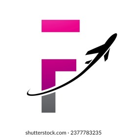 Magenta and Black Futuristic Letter F Icon with an Airplane on a White Background