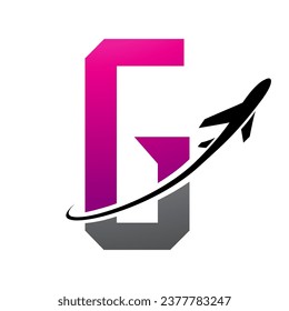 Magenta and Black Futuristic Letter G Icon with an Airplane on a White Background