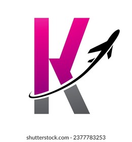Magenta and Black Futuristic Letter K Icon with an Airplane on a White Background