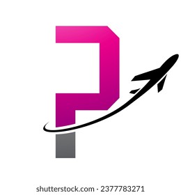 Magenta and Black Futuristic Letter P Icon with an Airplane on a White Background