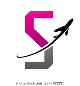 Magenta and Black Futuristic Letter S Icon with an Airplane on a White Background