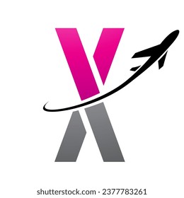 Magenta and Black Futuristic Letter X Icon with an Airplane on a White Background