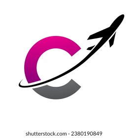 Magenta and Black Lowercase Letter C Icon with an Airplane on a White Background