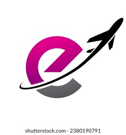 Magenta und Black Lowercase Letter E Symbol mit einem Flugzeug auf weißem Hintergrund