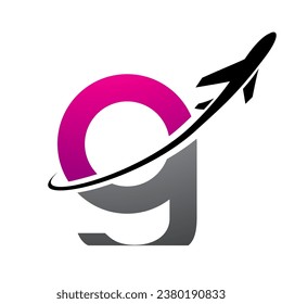 Magenta and Black Lowercase Letter G Icon with an Airplane on a White Background