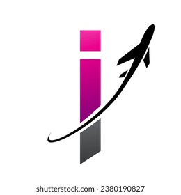 Magenta and Black Lowercase Letter I Icon with an Airplane on a White Background