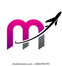 Magenta and Black Lowercase Letter M Icon with an Airplane on a White Background