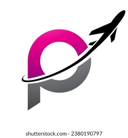 Magenta and Black Lowercase Letter P Icon with an Airplane on a White Background