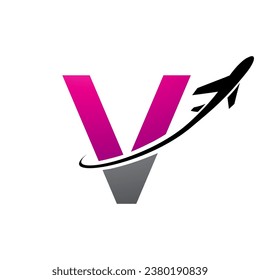 Magenta and Black Lowercase Letter V Icon with an Airplane on a White Background