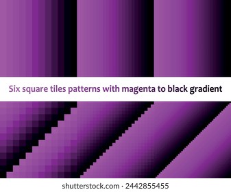 Magenta to black in square tiles, seamless vector pattern, monochromatic, collection of six