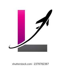 Magenta and Black Uppercase Letter L Icon with an Airplane on a White Background