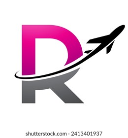 Magenta and Black Uppercase Letter R Icon with an Airplane on a White Background
