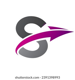 Magenta and Black Uppercase Letter S Icon with an Arrow on a White Background