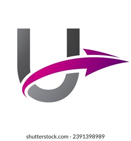 Magenta and Black Uppercase Letter U Icon with an Arrow on a White Background