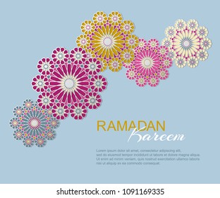 Magenta blue gold Ramadan Kareem concept horizontal banner with islamic geometric patterns. Paper cut flowers traditional vector illustration. Ramadan Mubarak month of fasting for Muslims.
