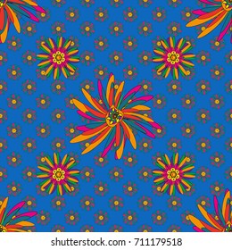 Magenta, blue and green stained glass vitrage. Floral textile print. Seamless pattern morrocan ornament. Islamic vector oriental background with abstract flowers.