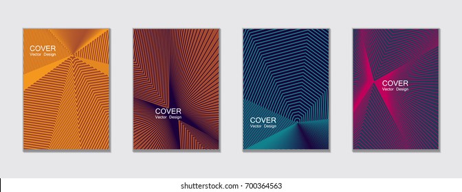 Magenta, blue and orange halftone vector cover template with lines. Title places. Vector journal design covers geometric shape background set, halftone lines hipster pattern abstract collection.