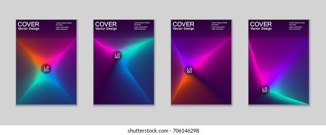 Magenta, blue and orange halftone vector cover template with lines. Title places. Vector journal design covers geometric shape background set, halftone lines hipster party poster abstract collection.