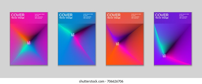 Magenta, blue and orange halftone vector cover template with lines. Title places. Vector journal design covers geometric shape background set, halftone lines hipster party poster abstract collection.
