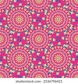 magenta and blue seamless pattern with mandalas and Arabic motifs. Very colorful.