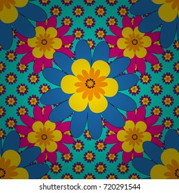 Magenta, blue and yellow vector illustration. Floral illusion seamless pattern.