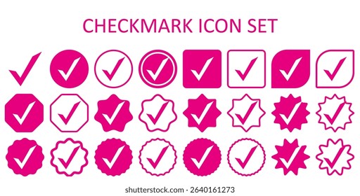 Magenta checkmark icon set. Pink checkmark icon set. Accept checkmark icon set. Approved symbol. Checklist chechkmark icon symbols vector illustration. Editable color.