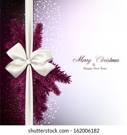 Magenta christmas background with fir twigs and gift bow. Vector illustration.