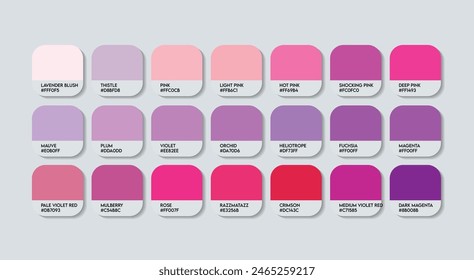 Magenta Color Guide Palette with Color Names. Catalog Samples Magenta with RGB HEX codes and Names. Magenta Colors Palette Vector, Wood and Plastic Pink Color Palette, Fashion Magenta Color Palette