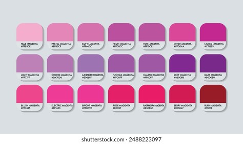 Magenta Color Palette, Magenta Color Guide Palette with Color Names. Catalog Samples of Pink with RGB HEX codes and Names. Magenta Colors Palette Vector, Plastic Paint Pink Color Palette Vector tones