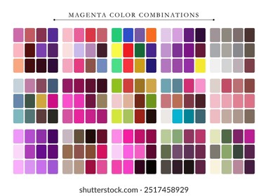 Magenta color palette. Trend color palette guide template. Fit for fashion designers, business, and paints colors company. Match combinations. Vector graphics. Eps 10.