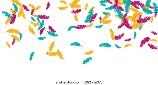 Magenta cyan yellow feather ethnic background vector print. Beautiful background with plumelet. Flying feather elements cute vector design for card, banner.