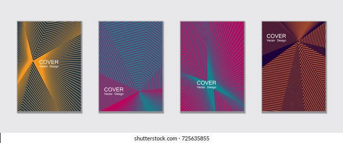 Magenta, cyan and yellow halftone angles vector cover template with lines. Tech background, title places. Vector journal design covers geometric shape background set, halftone lines hipster set.