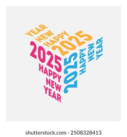 Magenta, cyan and yellow Text Explodes from white Background. Retro-Futuristic Design Celebrates Past, Present, and Future. Cube of Time: 2025 New Year Typography Pops in 3D!