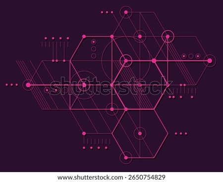 Magenta Cyberpunk Engineering Blueprint Hexagonal Grid Circles Dark Background.