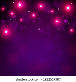 Magenta defocused background with bokeh and lights. Mockup, blurred background for holiday greeting cards, invitations. Bright lights. Copy space. Vector illustration