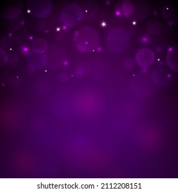 Magenta defocused bokeh background with stars. Blurred violet background for greeting cards, invitations. Romantic starry sky. Place for text. Copy space. Vector illustration