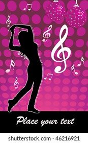 magenta pontilhado, fundo de notas musicais com silhueta menina